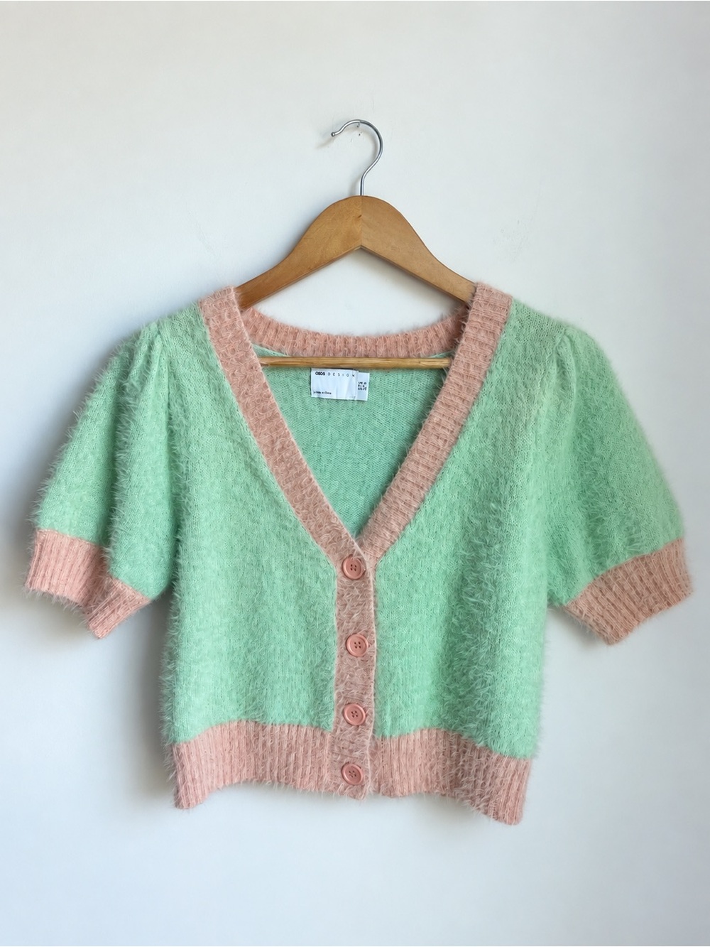 ASOS Mint Green and Blush Pink Fuzzy V-Neck Short Sleeve Cardigan